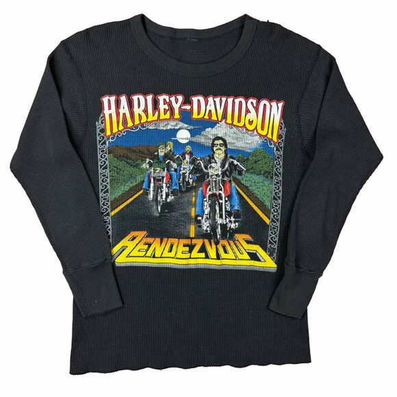 Vintage 80s Harley Davidson Rendezvous Waffle Thermal Longsleeve Black Biker - Picture 1 of 6